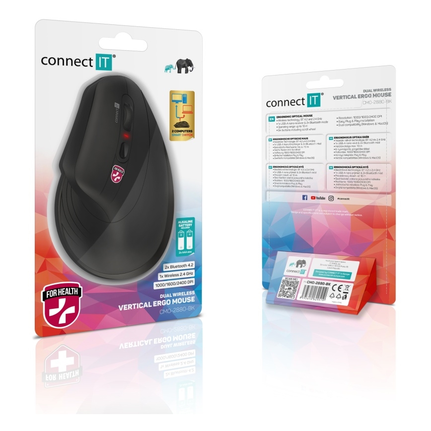 CONNECT IT CMO-2880-BK - Mouse ergonomico wireless Verti TriMode 1000/1600/2400 DPI 2xAAA nero