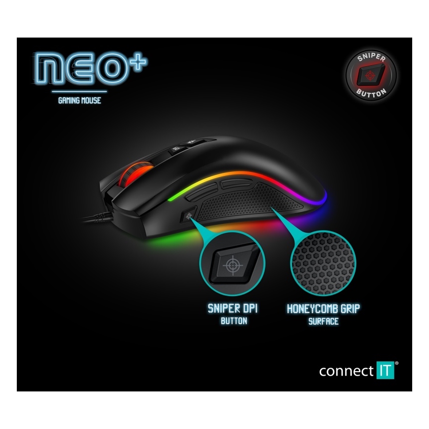 CONNECT IT CMO-3591-BK - LED RGB Mouse da gioco con cavo 500-7200 DPI nero