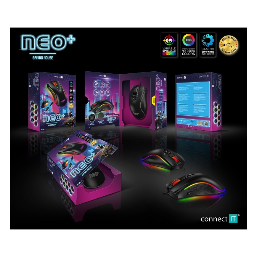 CONNECT IT CMO-3591-BK - LED RGB Mouse da gioco con cavo 500-7200 DPI nero
