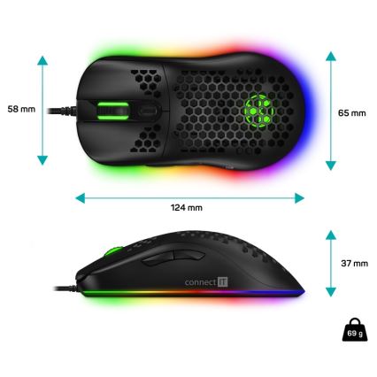 CONNECT IT CMO-5511-BK - Mouse da gioco cablata LED RGB 200-12800 DPI nera