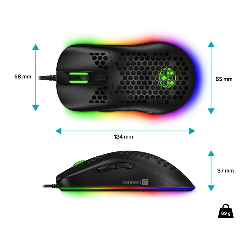 CONNECT IT CMO-5511-BK - Mouse da gioco cablata LED RGB 200-12800 DPI nera