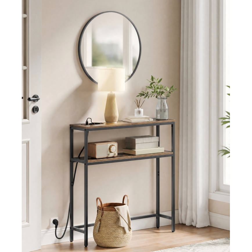Consolle LUVOR 80x20 cm con prese integrate e porte USB, marrone/nero
