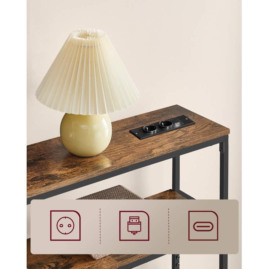 Consolle LUVOR 80x20 cm con prese integrate e porte USB, marrone/nero