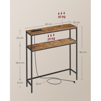 Consolle LUVOR 80x20 cm con prese integrate e porte USB, marrone/nero