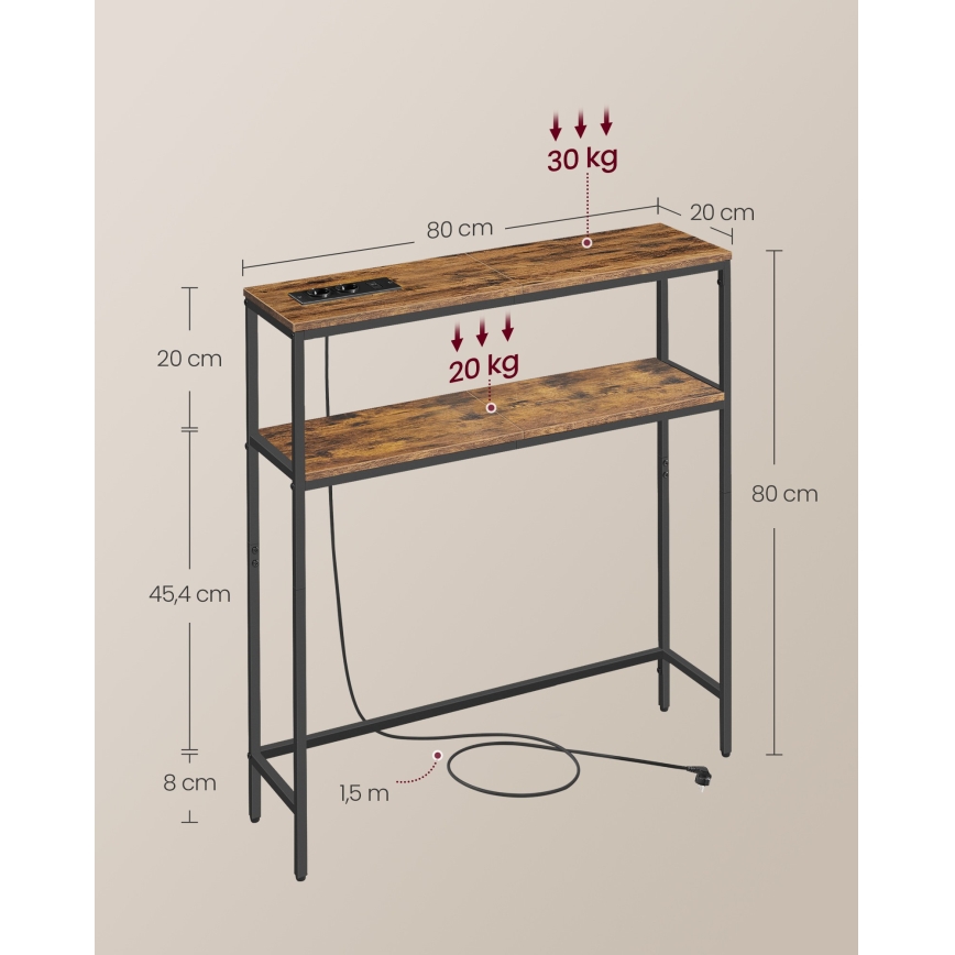 Consolle LUVOR 80x20 cm con prese integrate e porte USB, marrone/nero