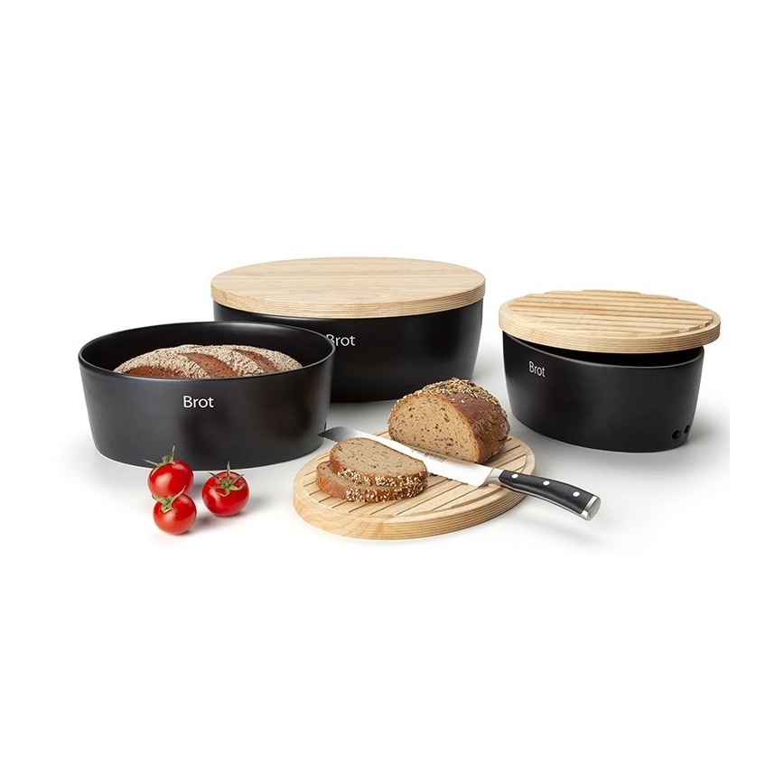 Continenta C3730 - Portapane con coperchio 30x23 cm nero/legno di gomma