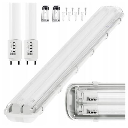 Corpo illuminante tecnico LED per tubi T8, 2x G13, 20W, 230V, 6500K, 120 cm, IP65, bianco