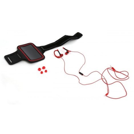 Cuffie sportive con microfono e cinturino per braccio rosse