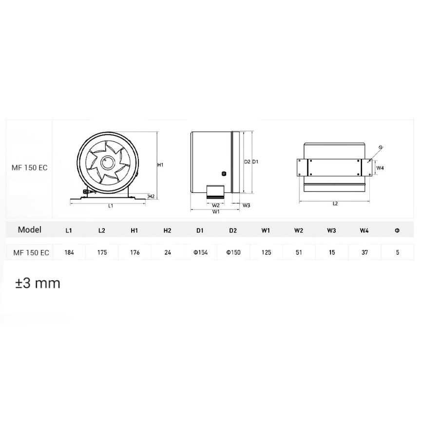 Dalap 24MF150 - Ventilatore da condotto con motore ad alta efficienza energetica e regolatore di velocità MF 150 EC 40W/230V