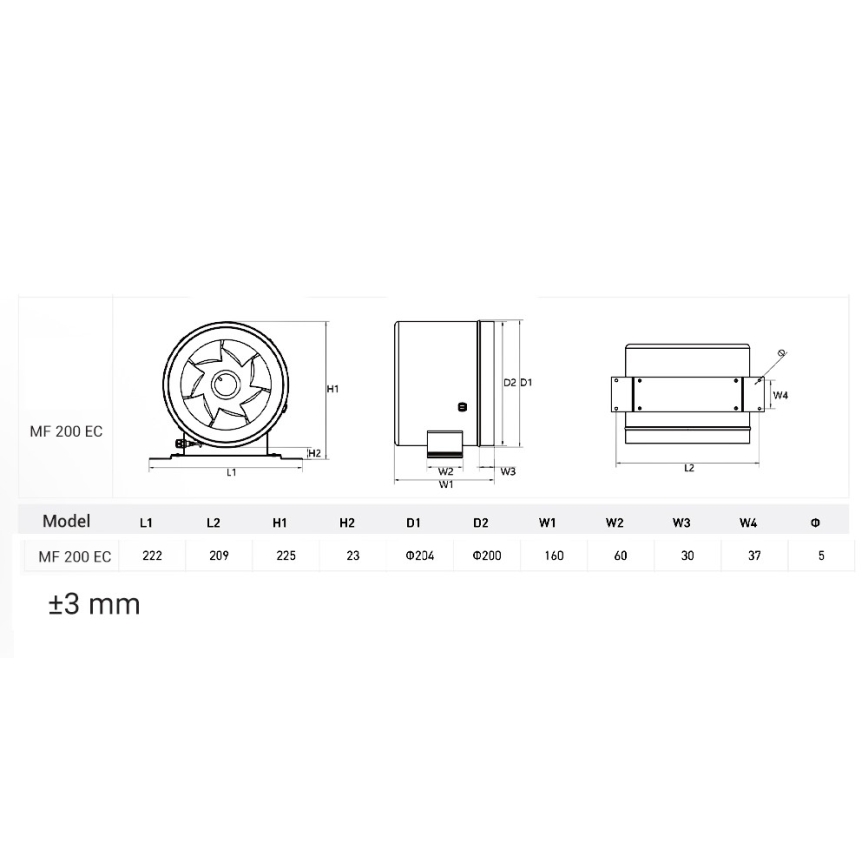 Dalap 24MF200 - Ventilatore da condotto con motore a risparmio energetico e regolatore di velocità MF 200 EC 75W/230V