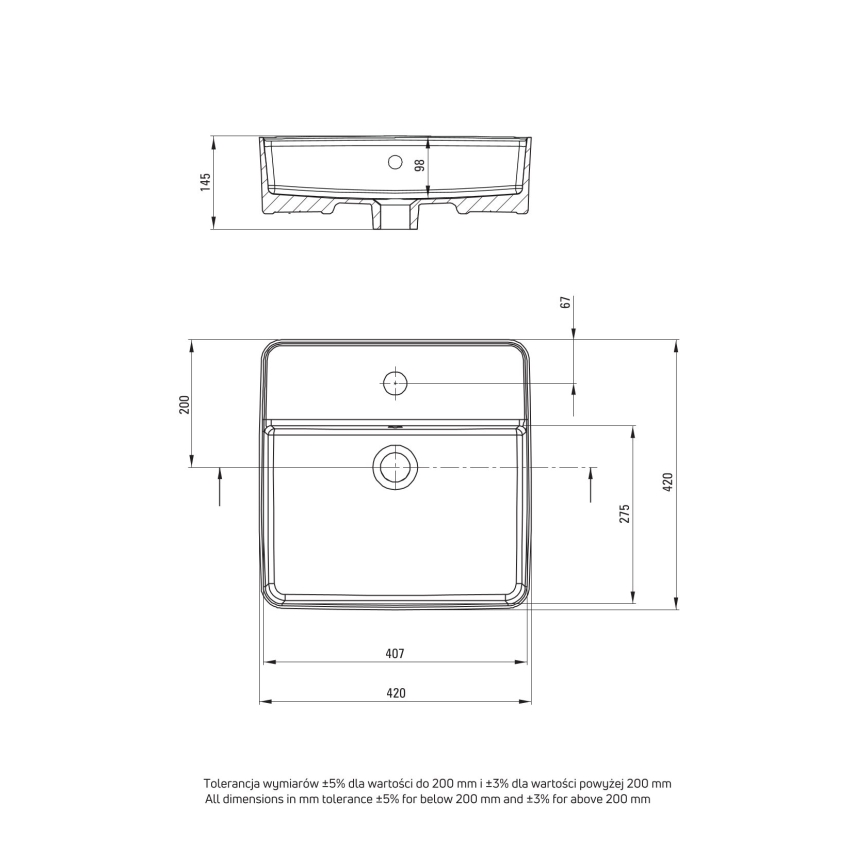Deante CGS_6U4B - Lavabo da appoggio con foro per rubinetto SQUARE 42x42 cm ceramica/bianco