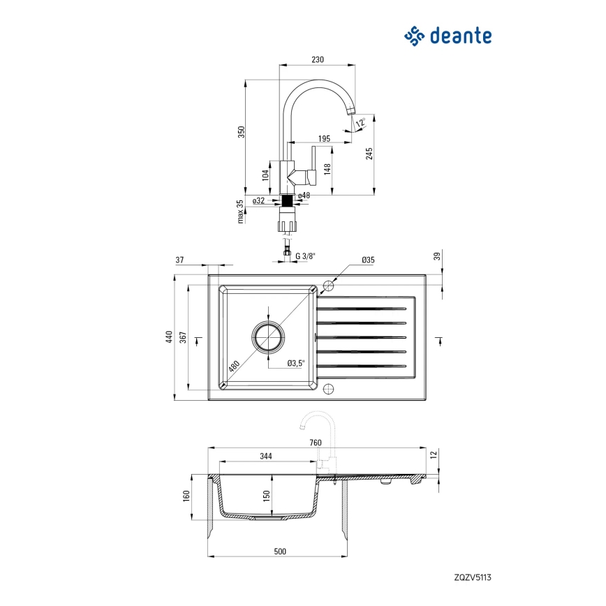 Deante ZQZVA113 - Lavello della cucina ZORBA 76x44 cm + rubinetto del lavello granito/alabastro
