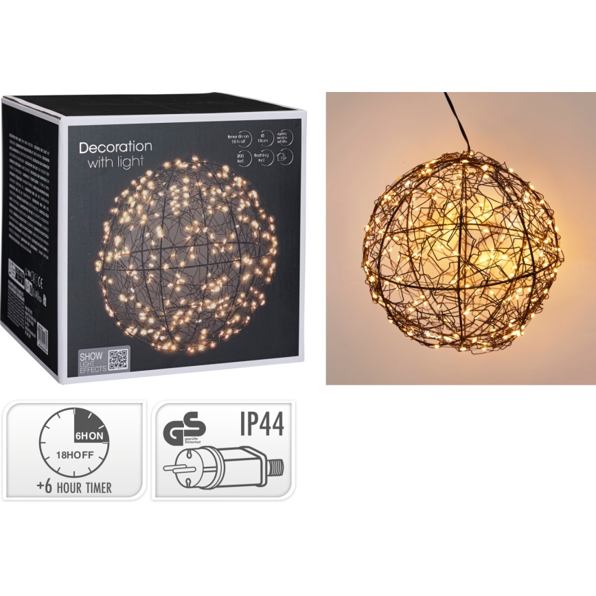 Decorazione natalizia LED da esterno 200xLED/230V Ø 18 cm IP44 bianco caldo sfera/nera