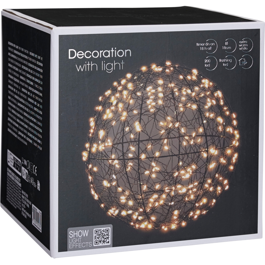 Decorazione natalizia LED da esterno 200xLED/230V Ø 18 cm IP44 bianco caldo sfera/nera