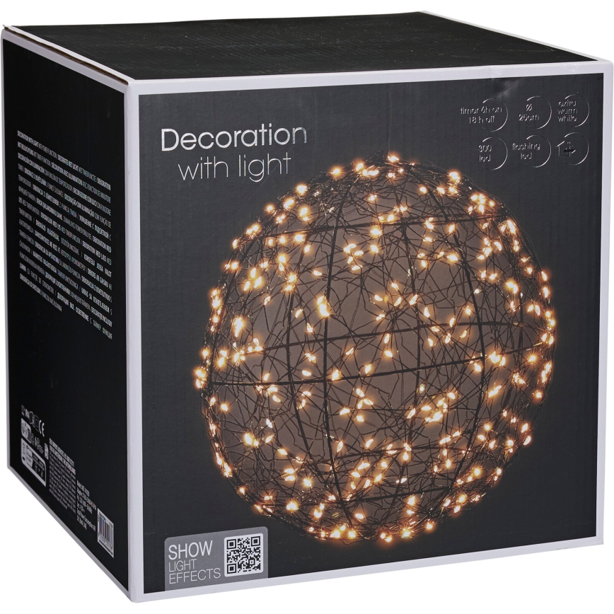 Decorazione natalizia LED da esterno 300 LED/230V Ø 25 cm IP44, bianco caldo, sfera/nera