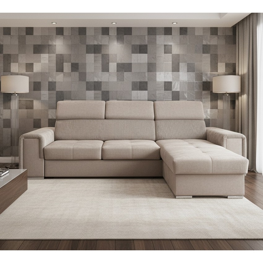 Divano angolare a L reversibile e trasformabile con vano contenitore SALVADA beige