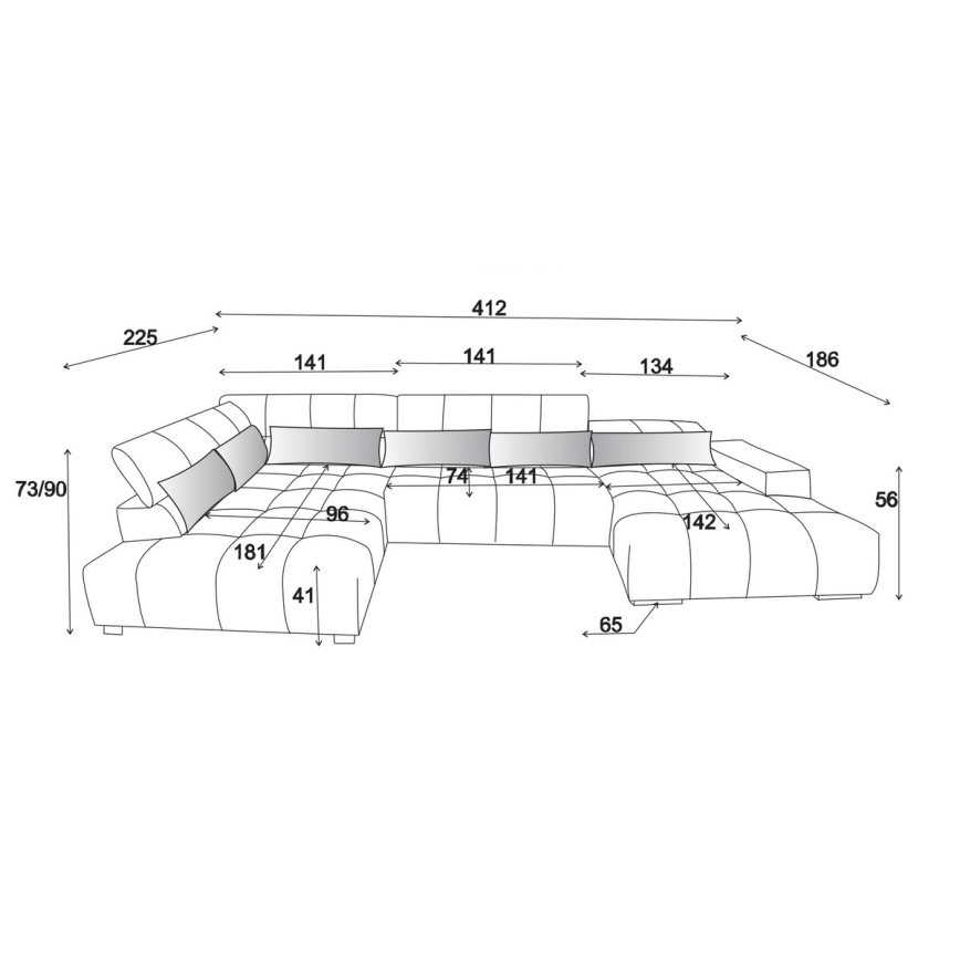 Divano angolare a U TROPEA con poggiatesta, lato sinistro, grigio