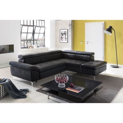 Divano angolare in pelle a L SALERNO II, versione destra, colore nero, con funzione letto estraibile