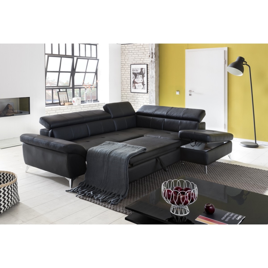 Divano angolare in pelle a L SALERNO II, versione destra, colore nero, con funzione letto estraibile