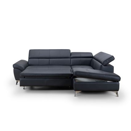 Divano angolare in pelle a L SALERNO II, versione destra, colore nero, con funzione letto estraibile