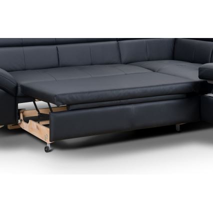 Divano angolare in pelle a L SALERNO II, versione destra, colore nero, con funzione letto estraibile