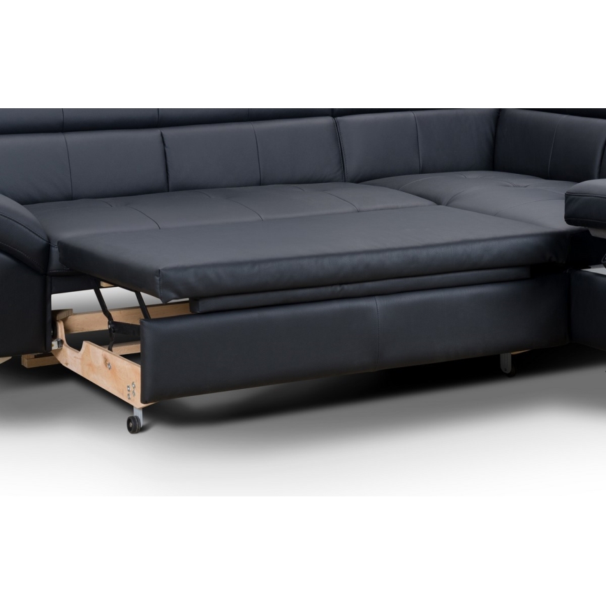 Divano angolare in pelle a L SALERNO II, versione destra, colore nero, con funzione letto estraibile