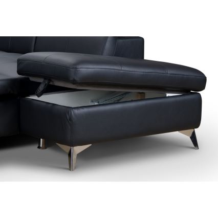 Divano angolare in pelle a L SALERNO II, versione destra, colore nero, con funzione letto estraibile