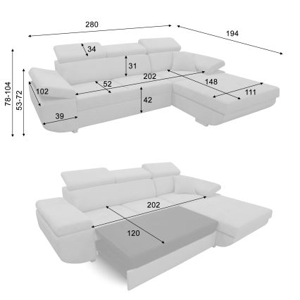 Divano angolare letto con contenitore a forma di L CASTELO, lato destro, grigio