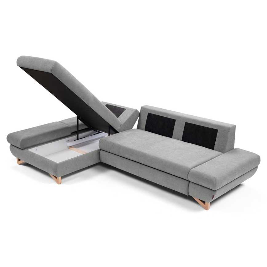 Divano letto angolare imbottito con vano contenitore a L AVESTA lato sinistro, grigio
