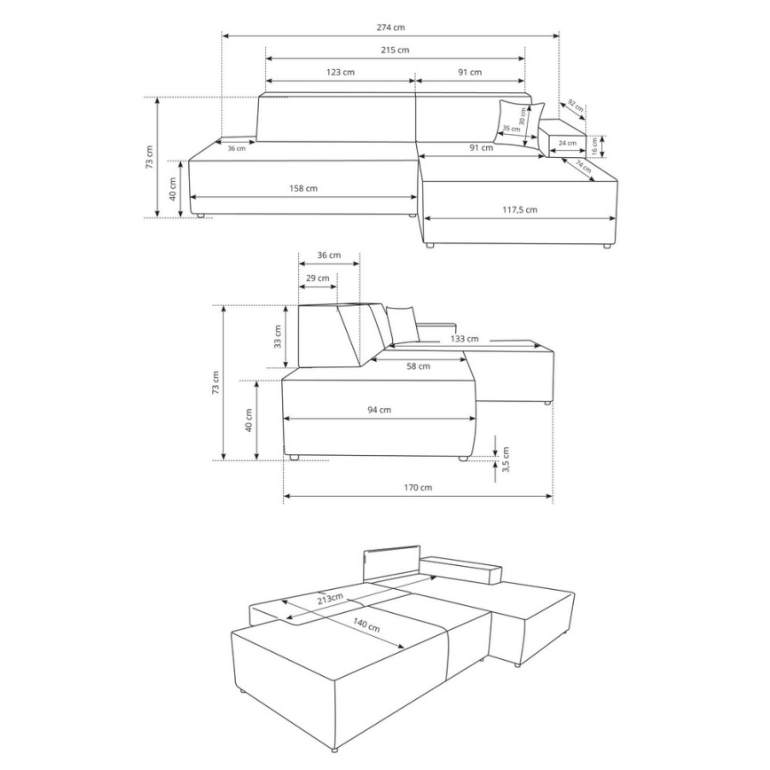 Divano angolare letto con contenitore a forma di L TERAMO, lato destro, beige