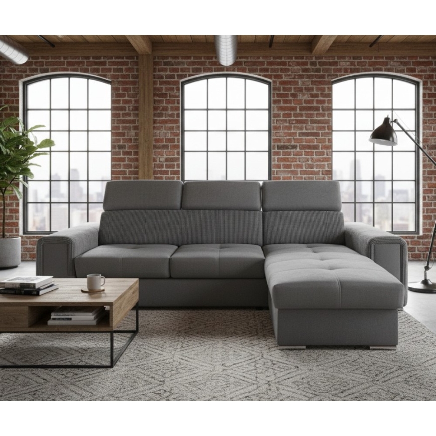 Divano angolare reversibile a L trasformabile in letto con vano contenitore SALVADA, grigio scuro