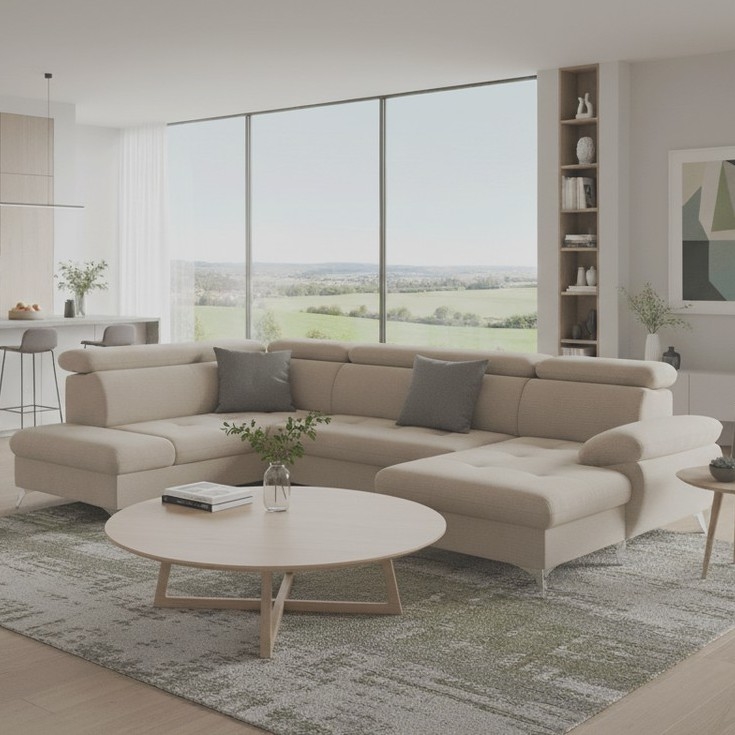 Divano angolare trasformabile a U CATANIA con contenitore, lato sinistro, beige
