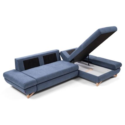Divano letto angolare imbottito AVESTA a forma di L con contenitore, angolo destro, blu
