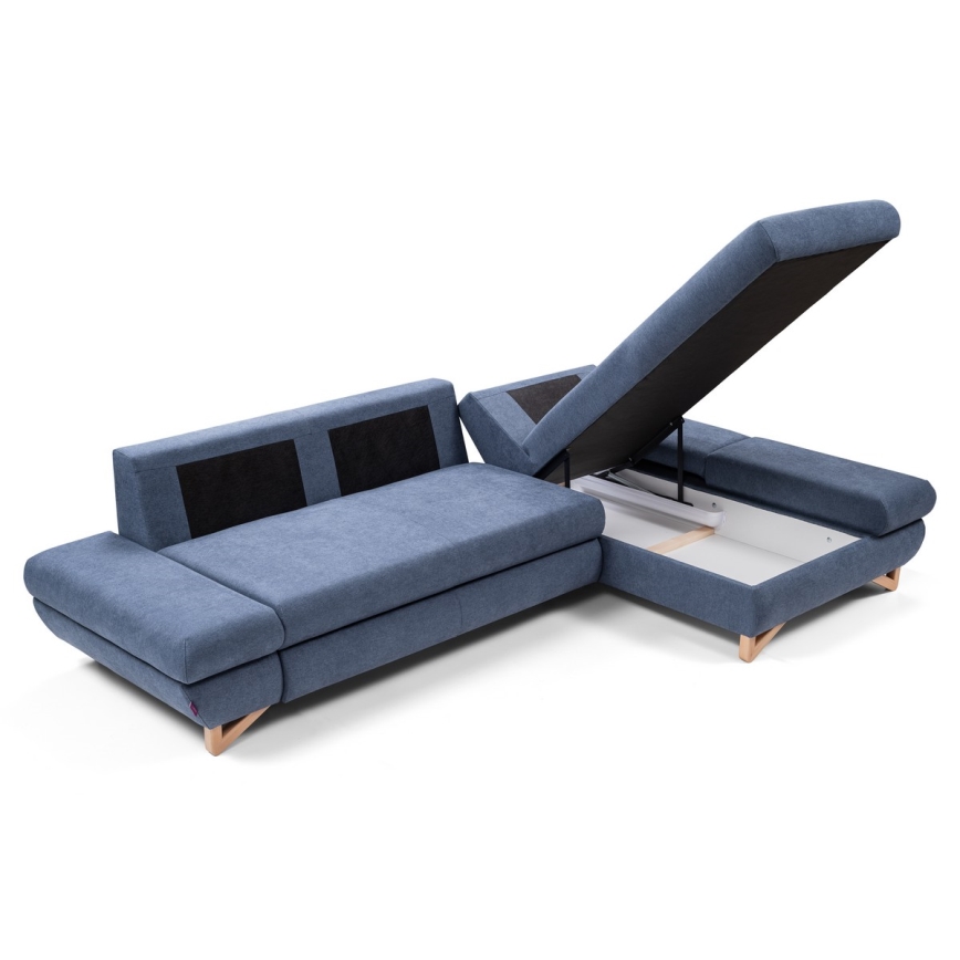 Divano letto angolare imbottito AVESTA a forma di L con contenitore, angolo destro, blu