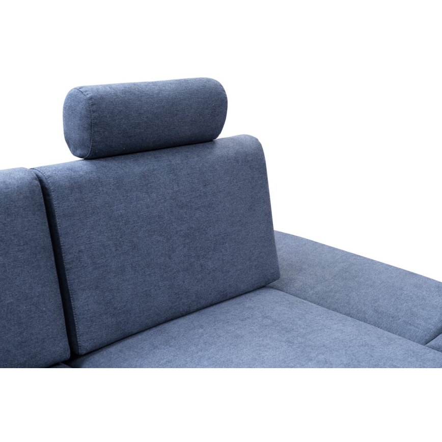 Divano letto angolare imbottito AVESTA a forma di L con contenitore, angolo destro, blu