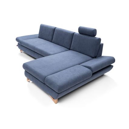 Divano letto angolare imbottito AVESTA a forma di L con contenitore, angolo destro, blu