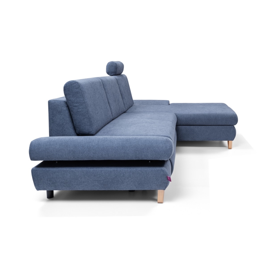 Divano letto angolare imbottito AVESTA a forma di L con contenitore, angolo destro, blu