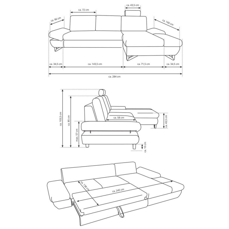 Divano letto angolare imbottito AVESTA a forma di L con contenitore, angolo destro, blu