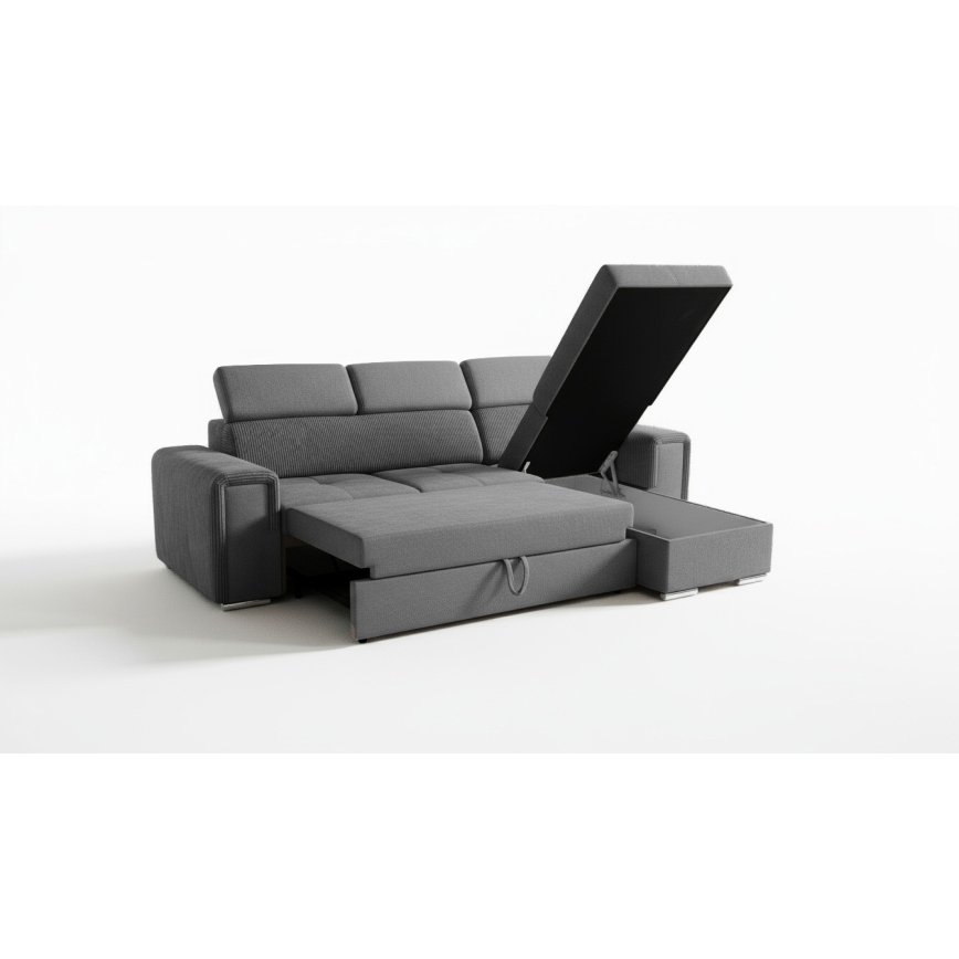 Divano angolare reversibile a L trasformabile in letto con vano contenitore SALVADA, grigio scuro