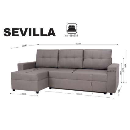 Divano angolare universale con funzione letto e contenitore SEVILLA grigio