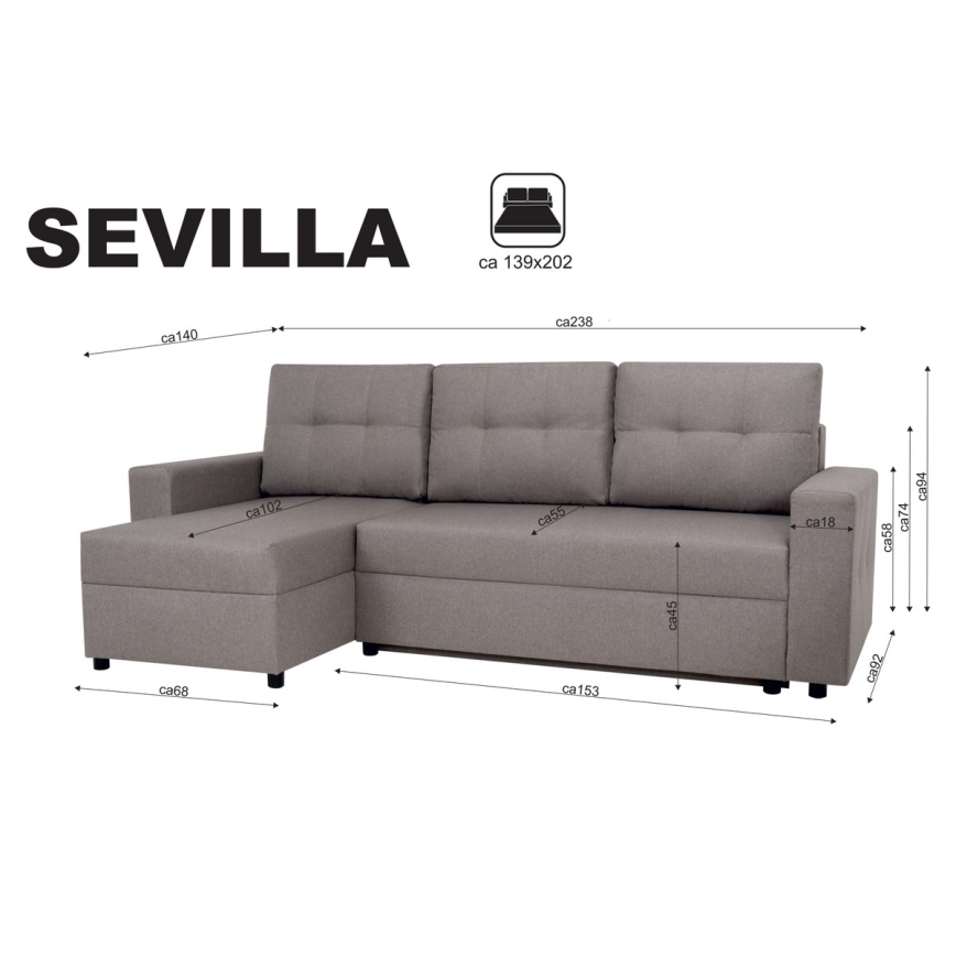 Divano angolare universale con funzione letto e contenitore SEVILLA grigio