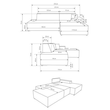 Divano letto angolare a L TERAMO con contenitore, penisola destra, beige