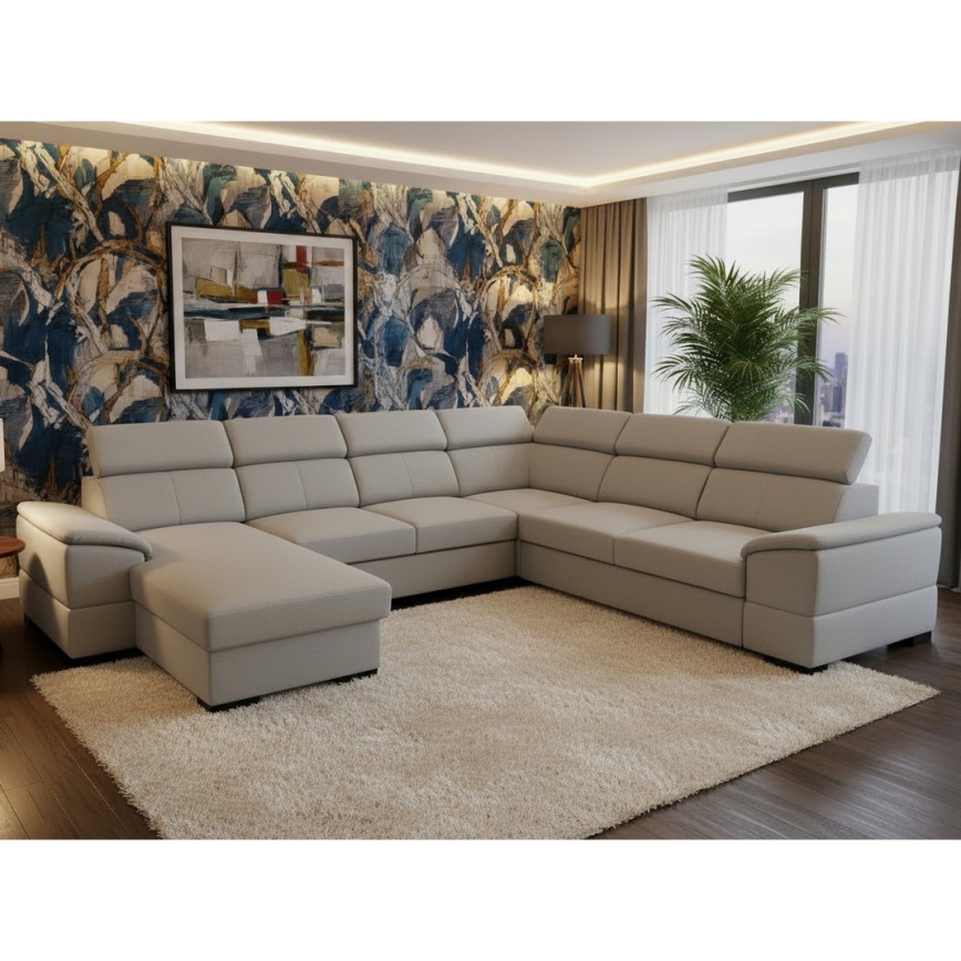 Divano letto angolare a U con angolo reversibile e vano contenitore GRANADA, grigio chiaro