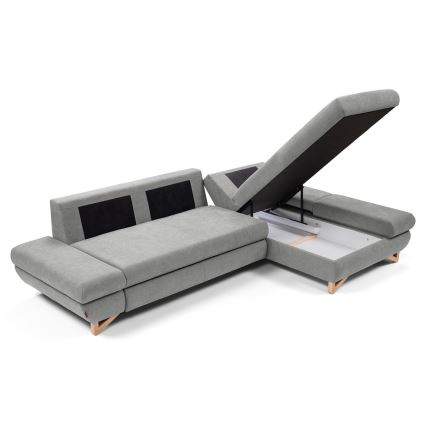Divano letto angolare imbottito con contenitore a L AVESTA angolo destro, grigio