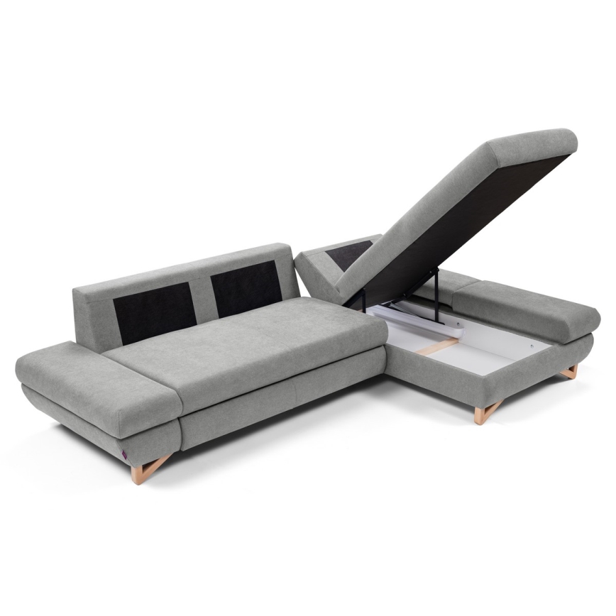 Divano letto angolare imbottito con contenitore a L AVESTA angolo destro, grigio