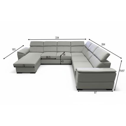 Divano letto angolare convertibile con angolo reversibile a U e contenitore GRANADA, grigio chiaro