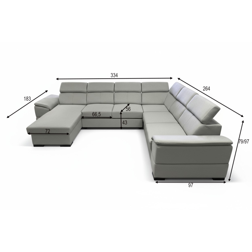 Divano letto angolare convertibile con angolo reversibile a U e contenitore GRANADA, grigio chiaro