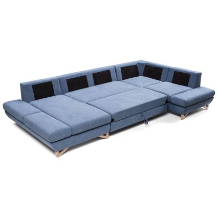 Divano angolare imbottito a U AVESTA, trasformabile in letto con vano contenitore, blu