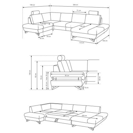 Divano letto angolare imbottito a U con contenitore AVESTA, grigio