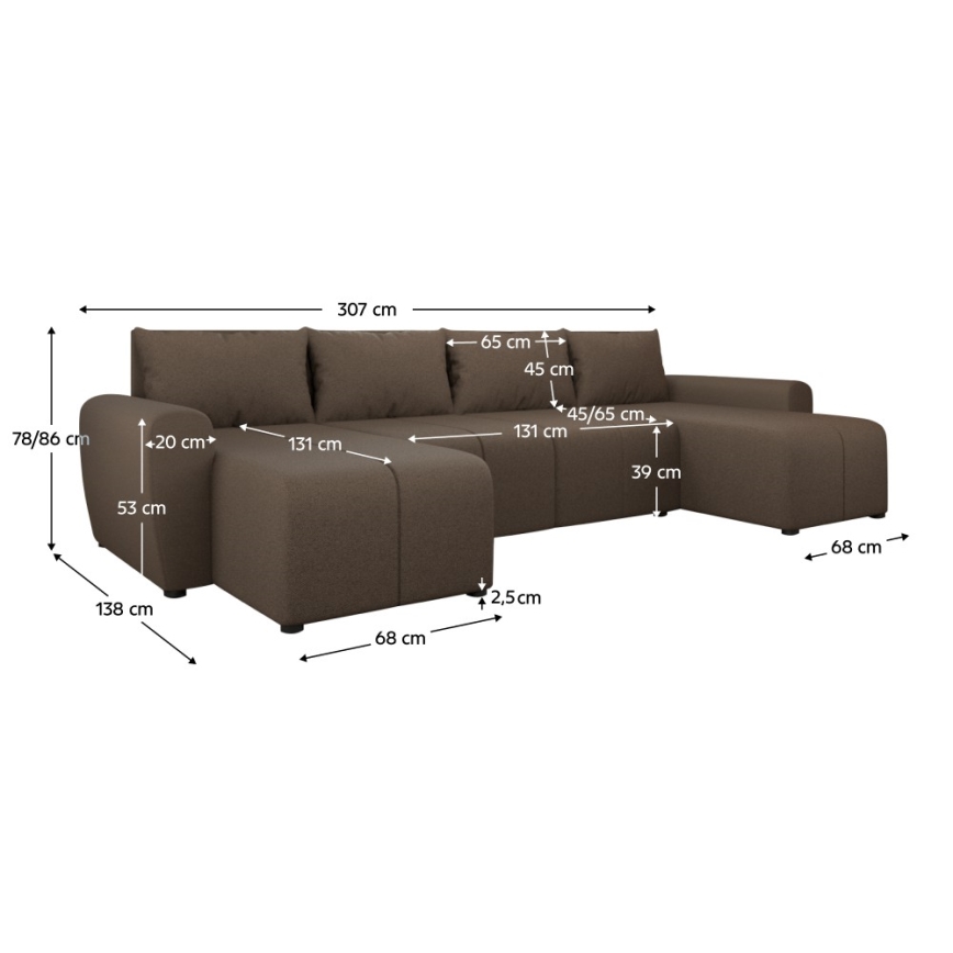 Divano letto angolare imbottito a U NEWPORT, reversibile, marrone